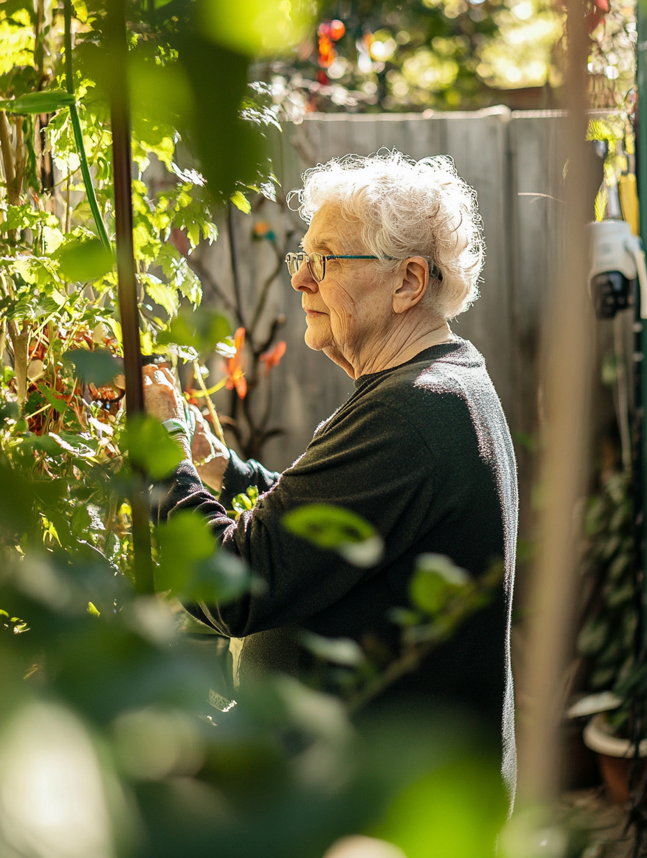 Senior aux cheveux blancs jardinant paisiblement dans un environnement verdoyant