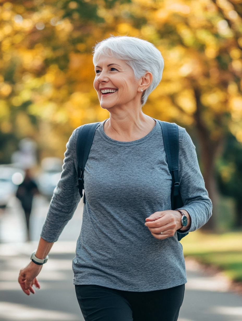 Dame âgée élégante se promenant joyeusement en extérieur, active et indépendante
