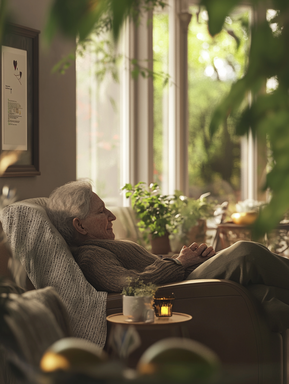 Senior relaxant confortablement dans son fauteuil à domicile, en sécurité